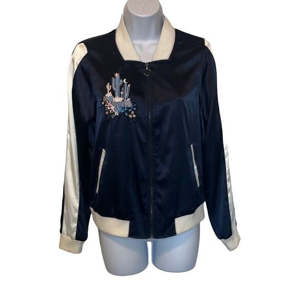 Juicy Couture Y2K Vintage Navy White Cactus Applique Satin Bomber Jacket Small - Picture 1 of 10